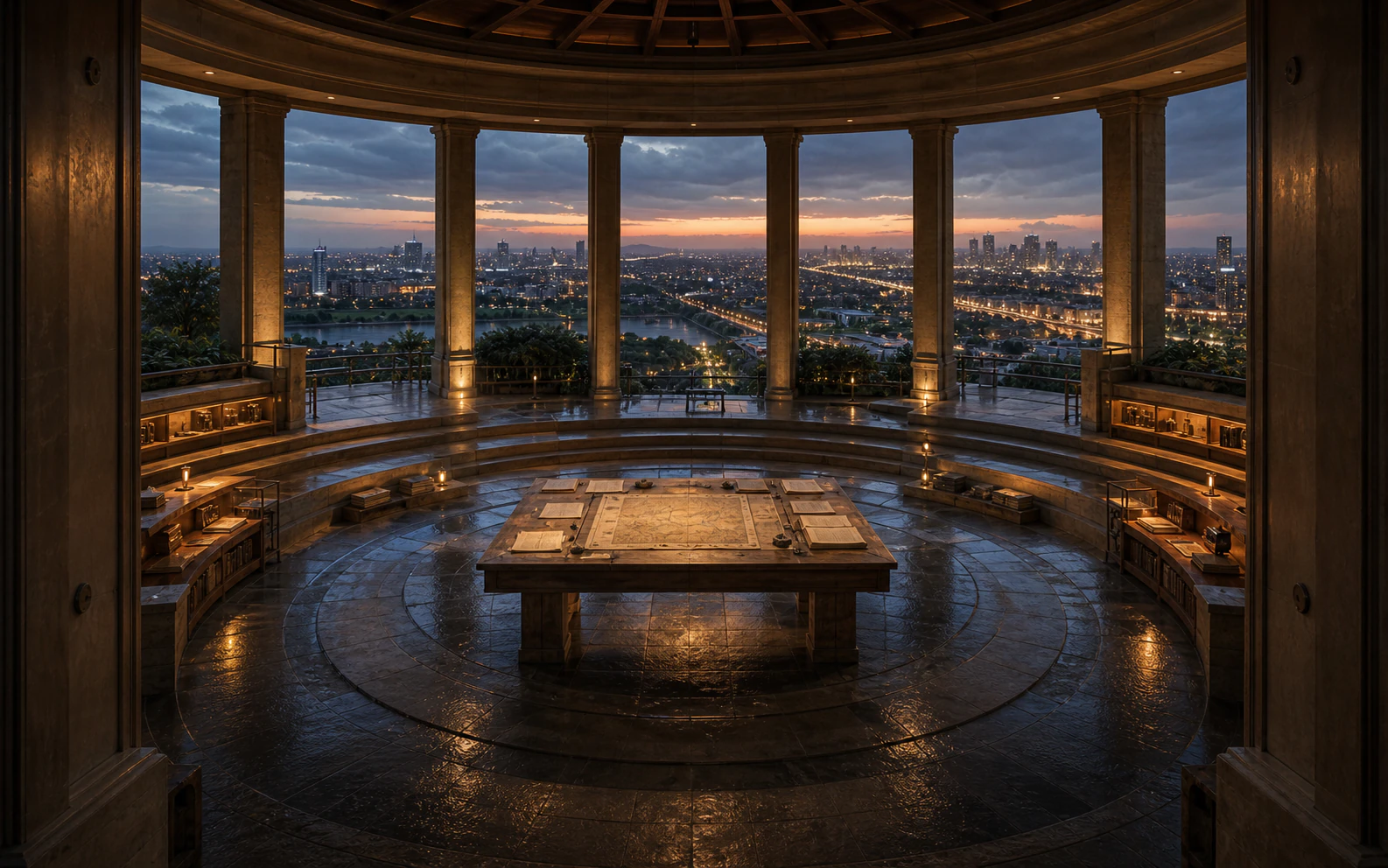 An open civic forum overlooking a contemporary city at dusk