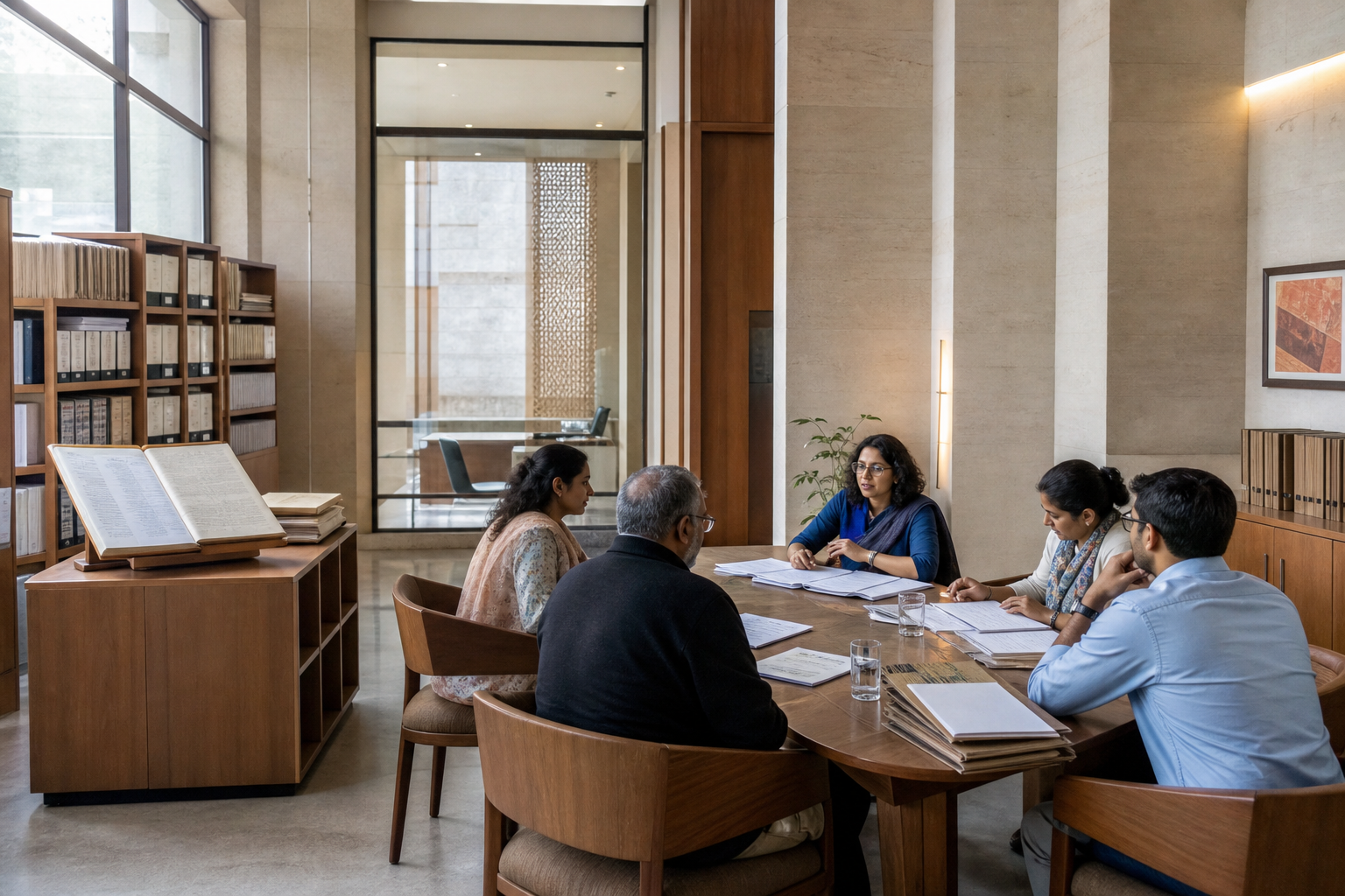 A small group reviewing records together in a calm institutional appeal chamber