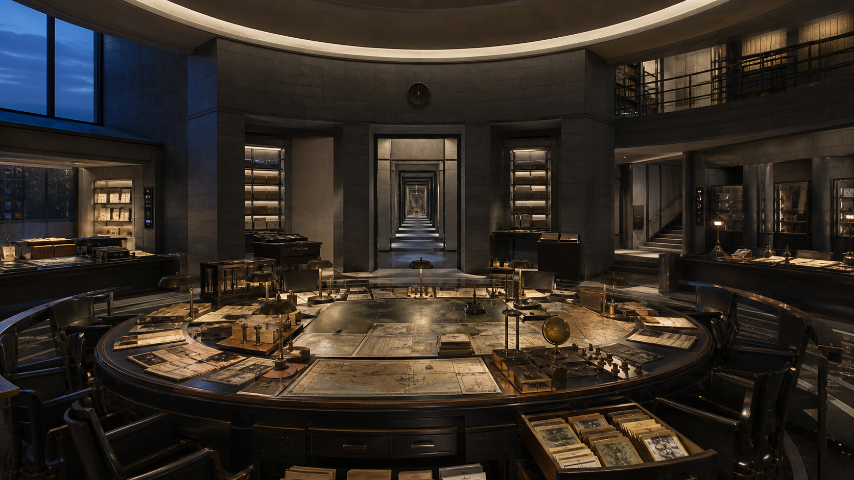 A circular institutional decision chamber organised around a central evidence table