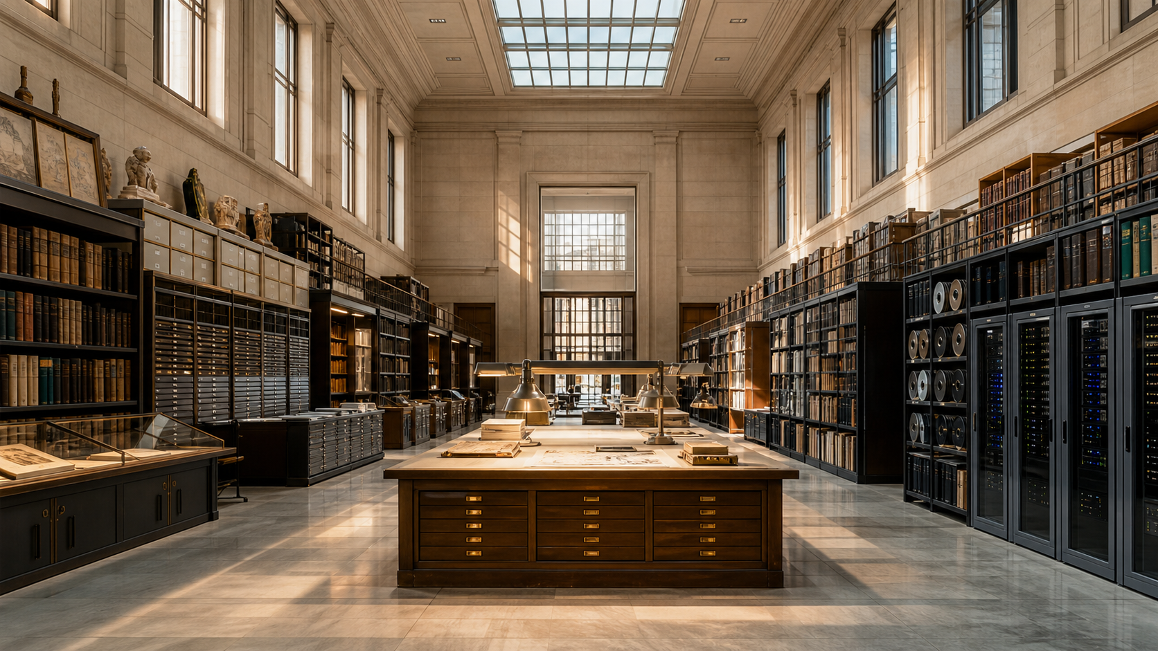 A luminous archive preserving paper records, maps, film and secure digital storage across generations