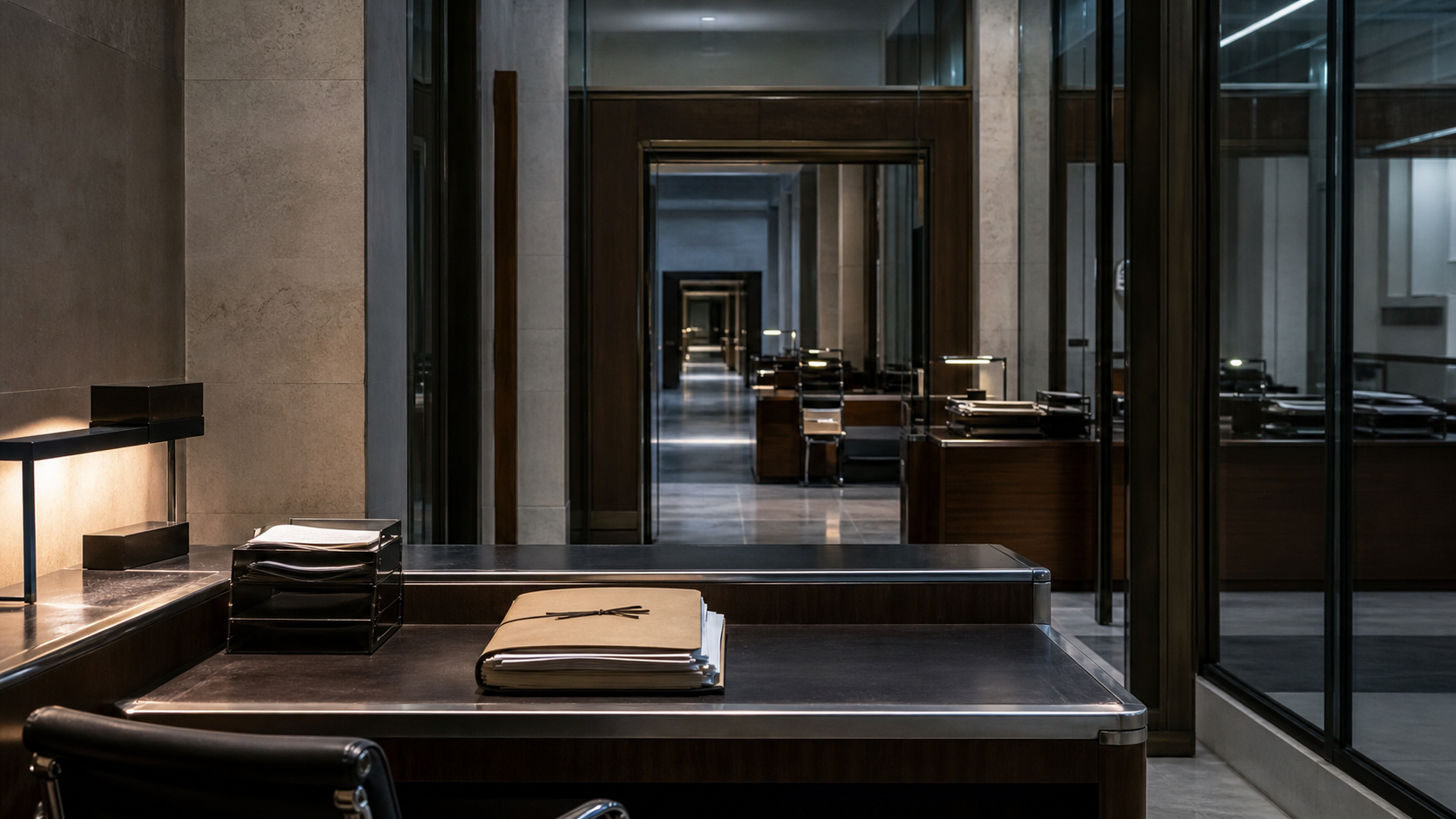 A succession of empty institutional workstations through which a decision folder has travelled without a clear owner