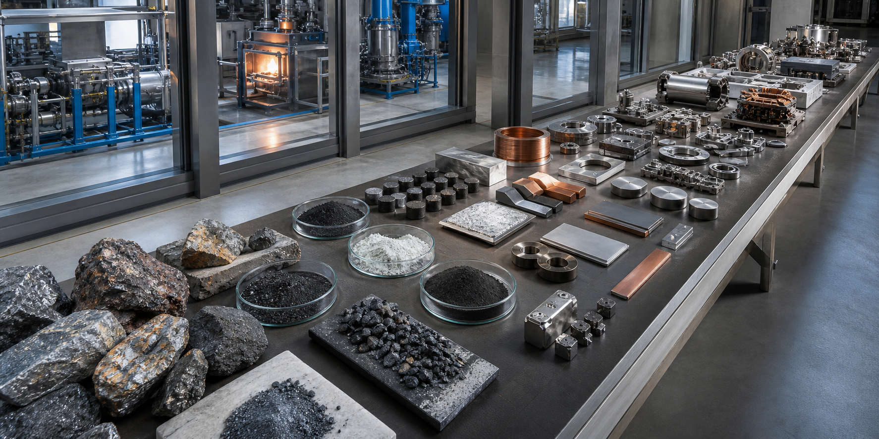 Raw ores, refined materials and precision components arranged along a transformation chain