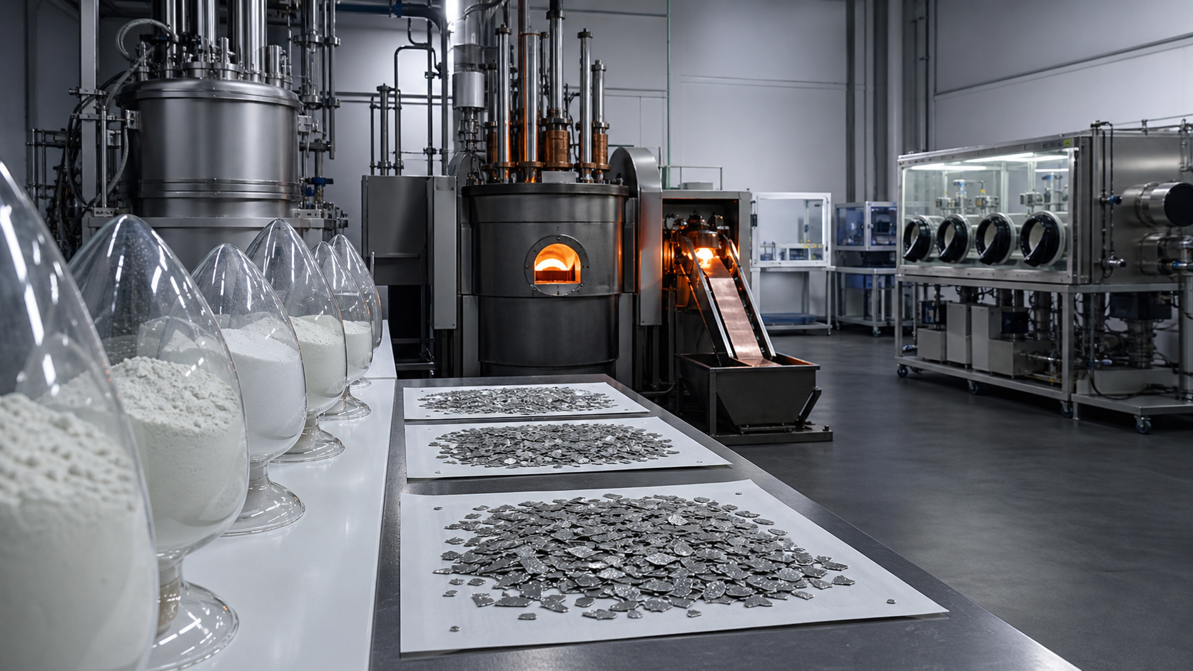 A rare-earth metallurgy facility progressing from oxide through metal and alloy